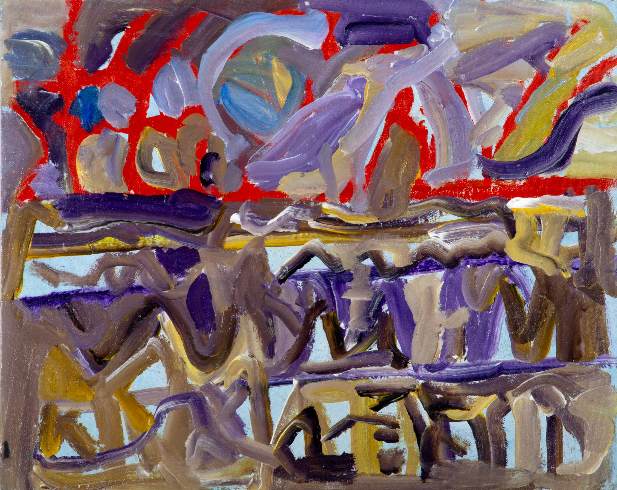 Acrylic painting containing red, brown, yellow, and purple colors. The design is abstract, containing circles, lines, and other shapes.